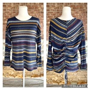 Ariella Sweater Striped Ruched Drawstring Back Knit Top S Long Sleeve Crew Neck